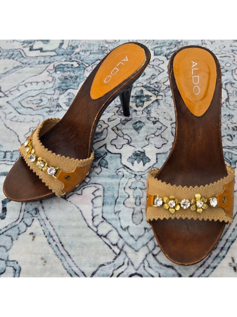 Y2K Aldo Suede Wooden Mules High Heeled Sandals Size 37 US 6 Rhinestone Italy